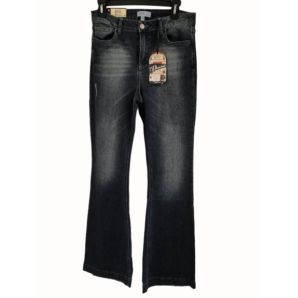 Cello High Rise Vinatage Wash Jeans Faded Dark Blue Distressed Flare Size 11 - Picture 1 of 8